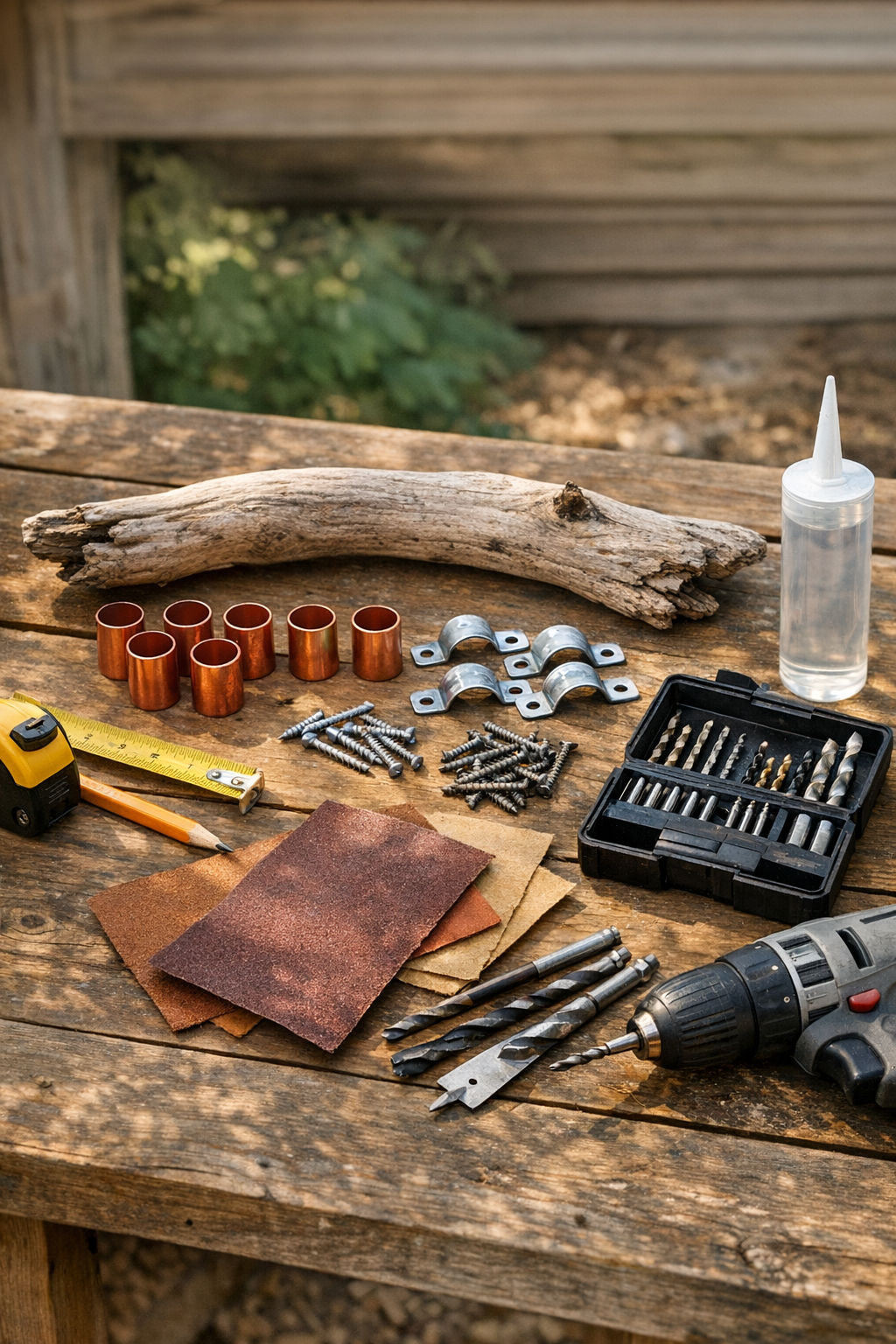 Materials for a driftwood and copper grill utensil rack laid out on a work surface