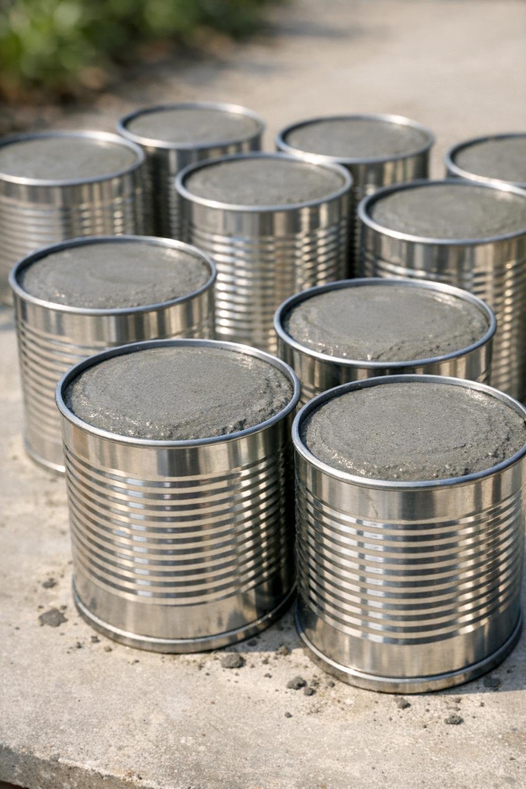 Food cans filled with wet cement on a work surface