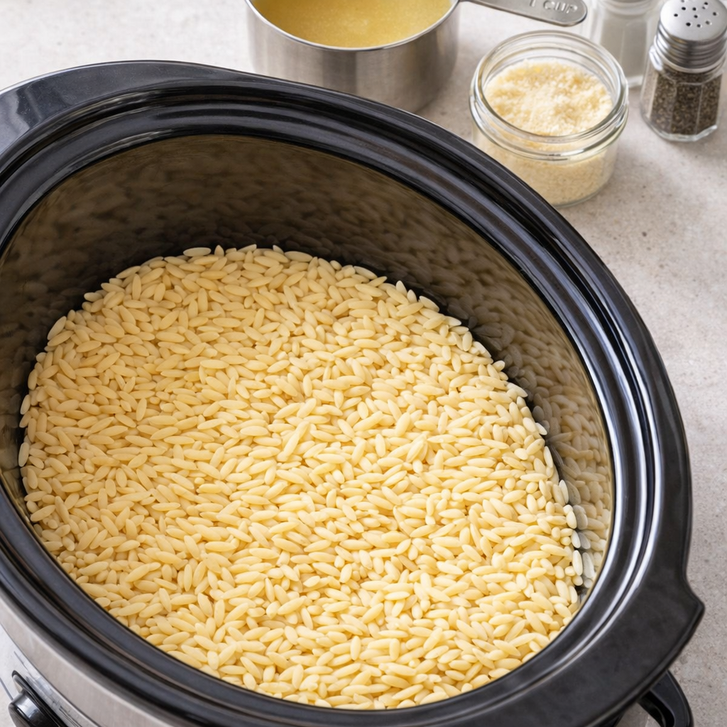 Dry orzo layered in the bottom of a slow cooker