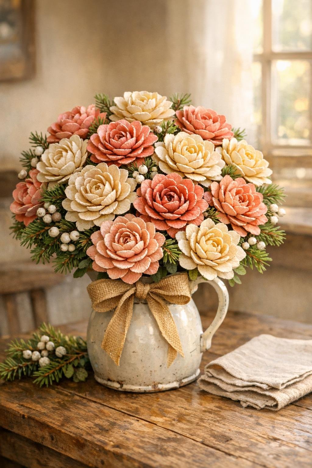 Finished pinecone scale flower bouquet displayed in a rustic home setting