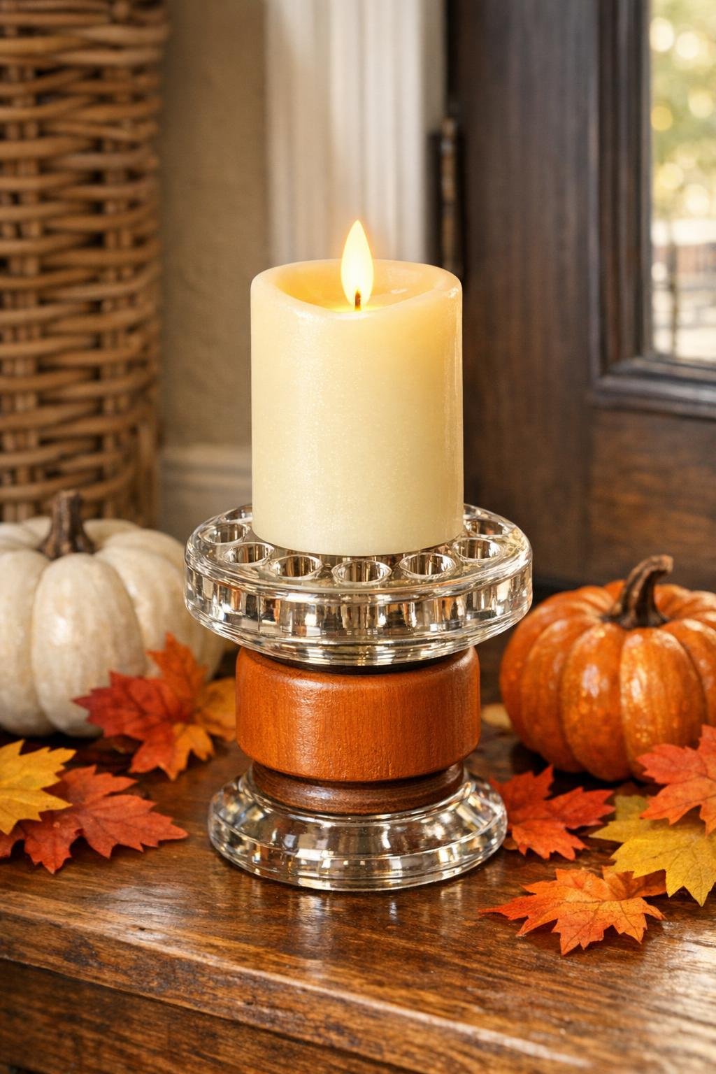 Finished fall candle pedestal styled for a front door display