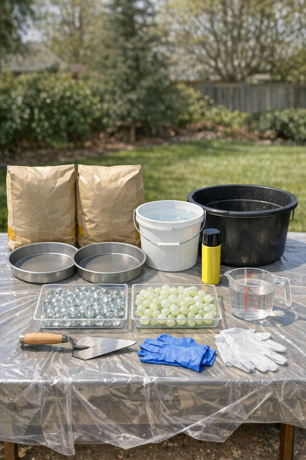 Materials for glow-in-the-dark stepping stones laid out on a work surface