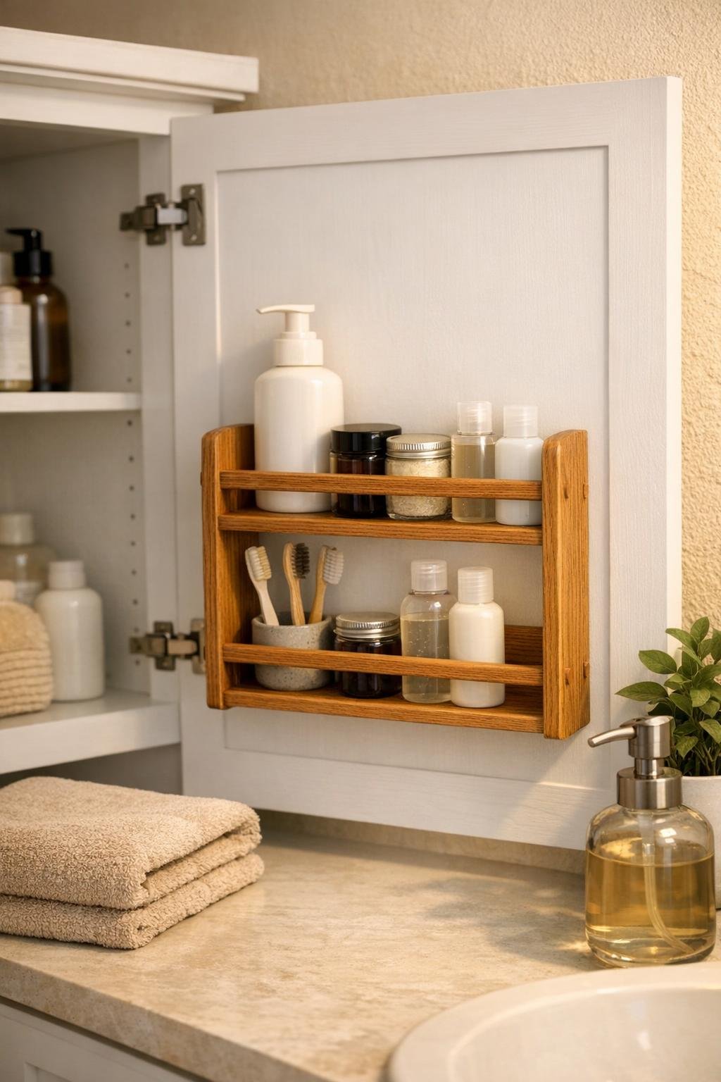 Finished hidden toiletry shelf mounted inside a white bathroom cabinet door