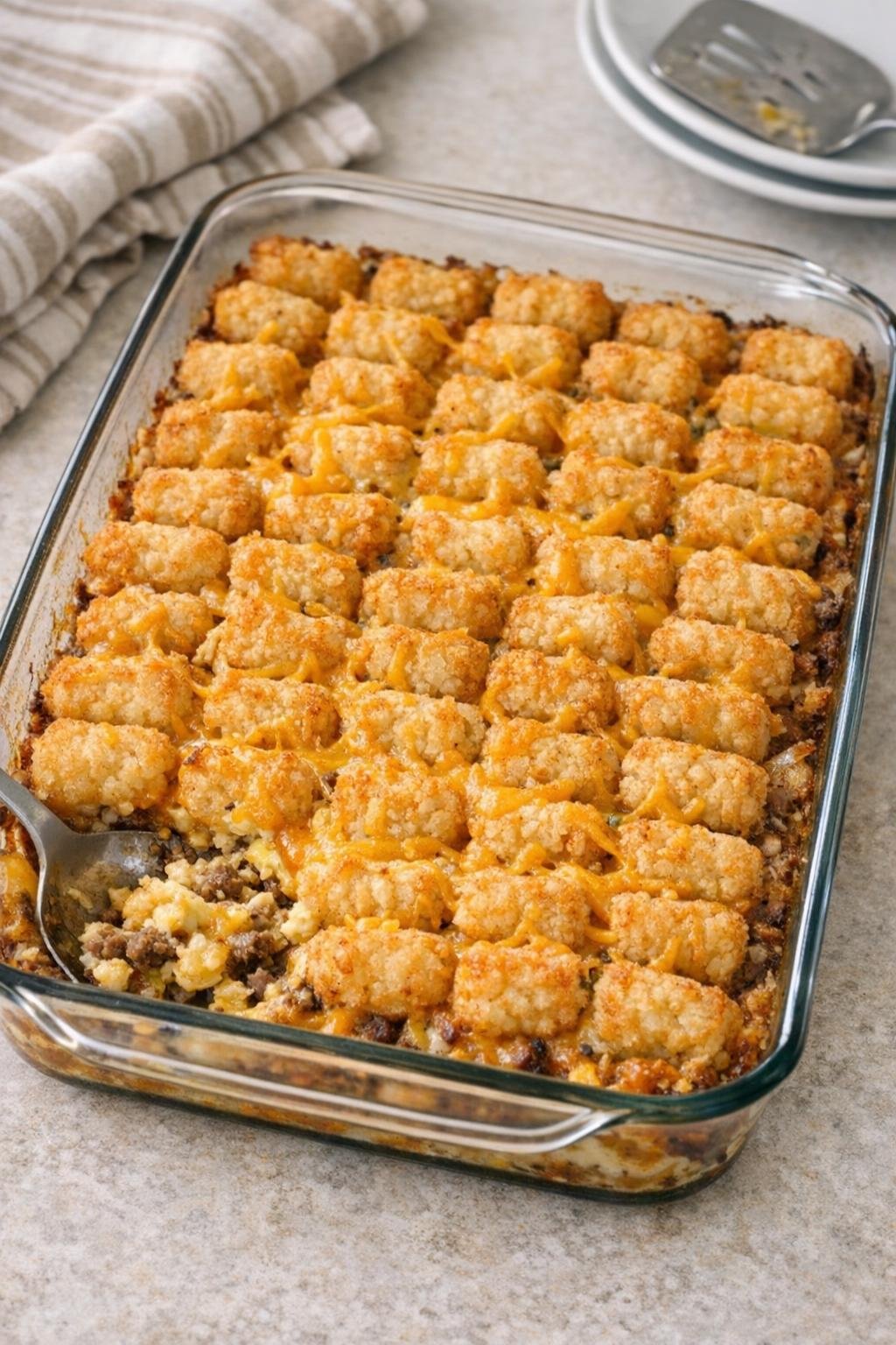 Baked tater tot breakfast casserole in a glass dish