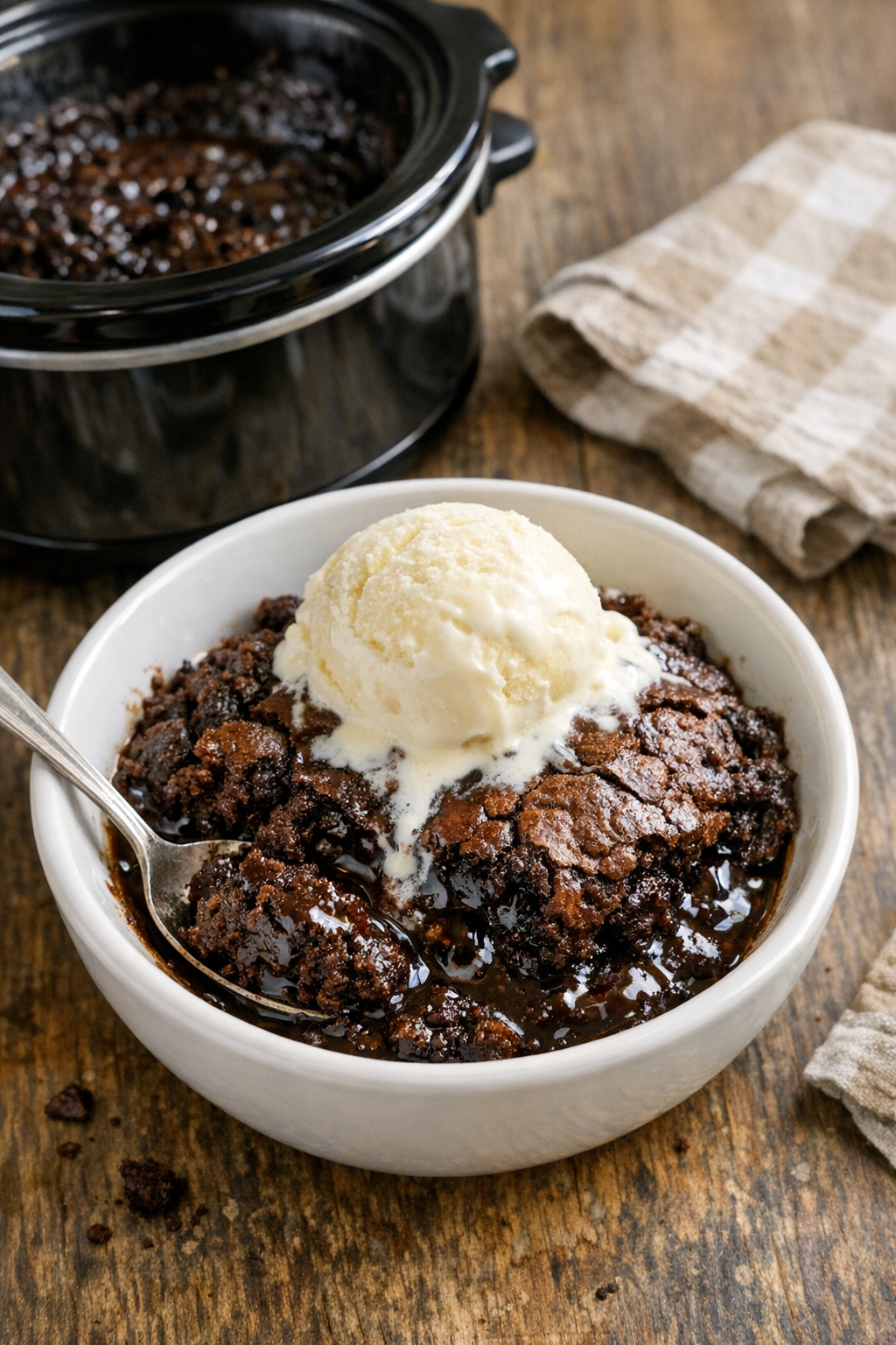 Finished slow cooker brownie dessert in a serving bowl