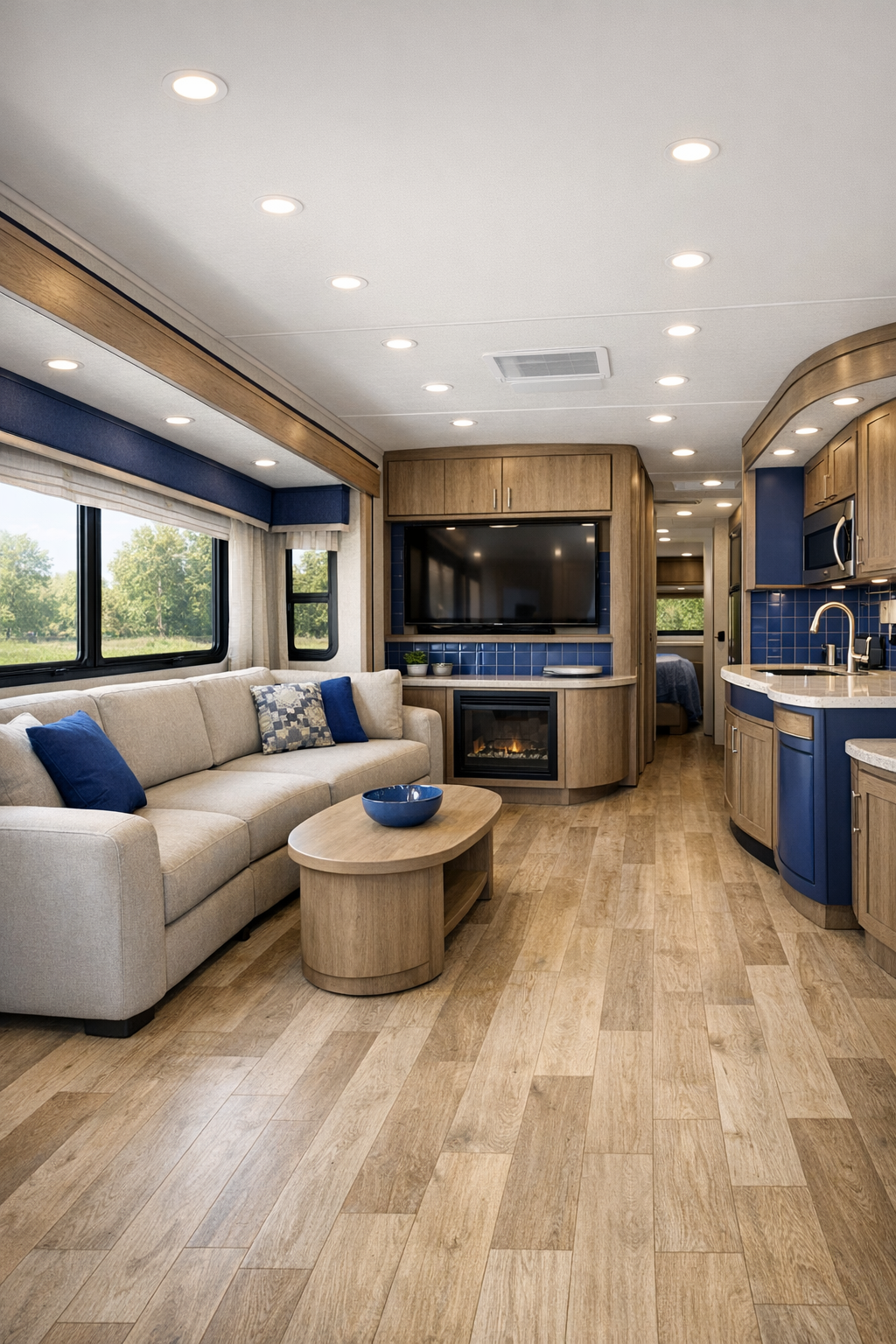 Accessible RV living room with neutral seating, pale oak flooring, and soft lighting