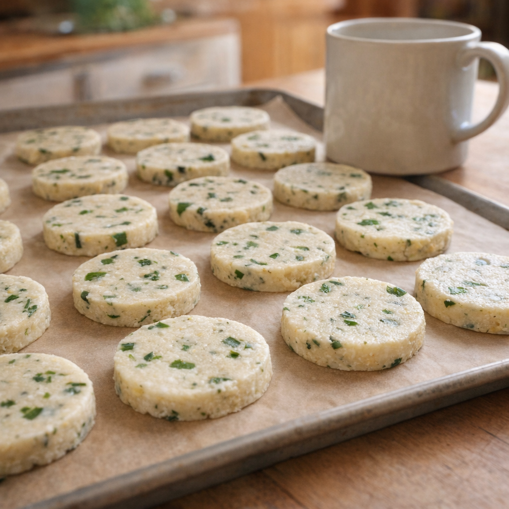 Unbaked shortbread rounds on a baking sheet