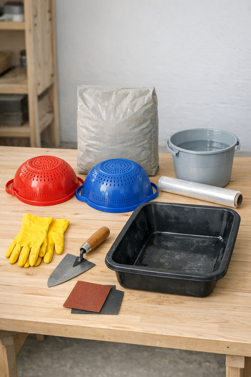Materials for making cement domed caps laid out on a worktable