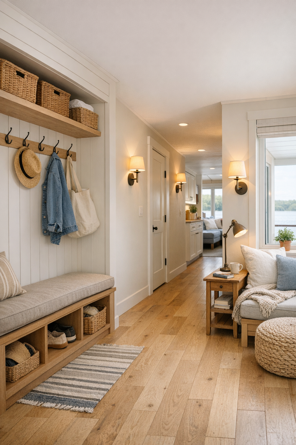 Thoughtful secondary spaces with built-in entry bench, wide hallway, reading nook, and cottage-style storage