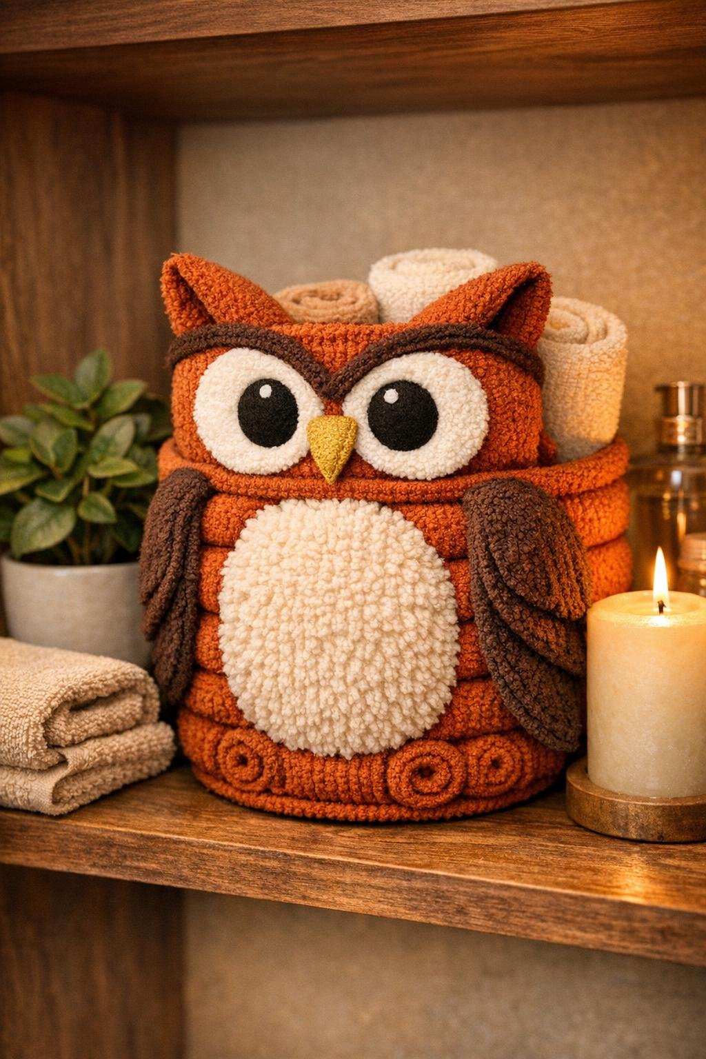 Finished rolled washcloth owl basket styled on a shelf