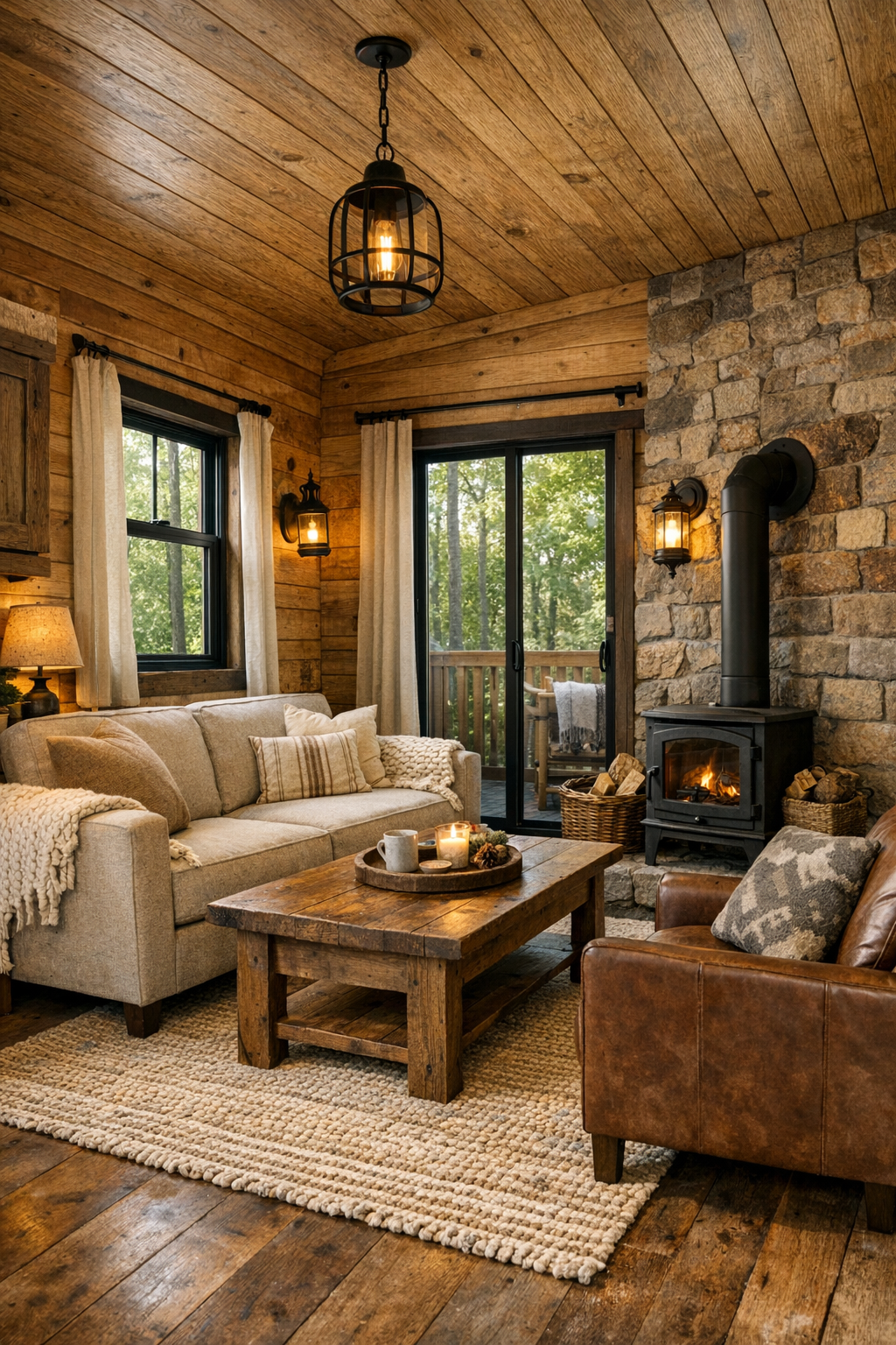Rustic living room with timber walls, stone fireplace wall, and warm layered seating