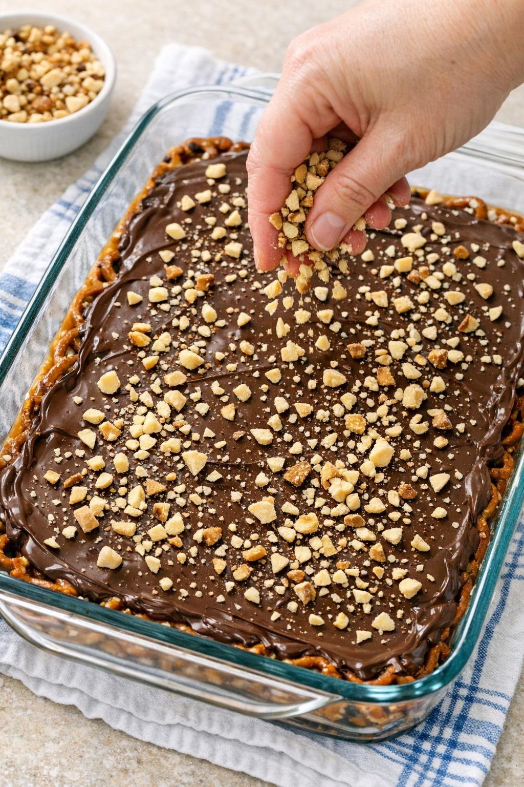 Gehakte noten over een laagje chocolade gestrooid