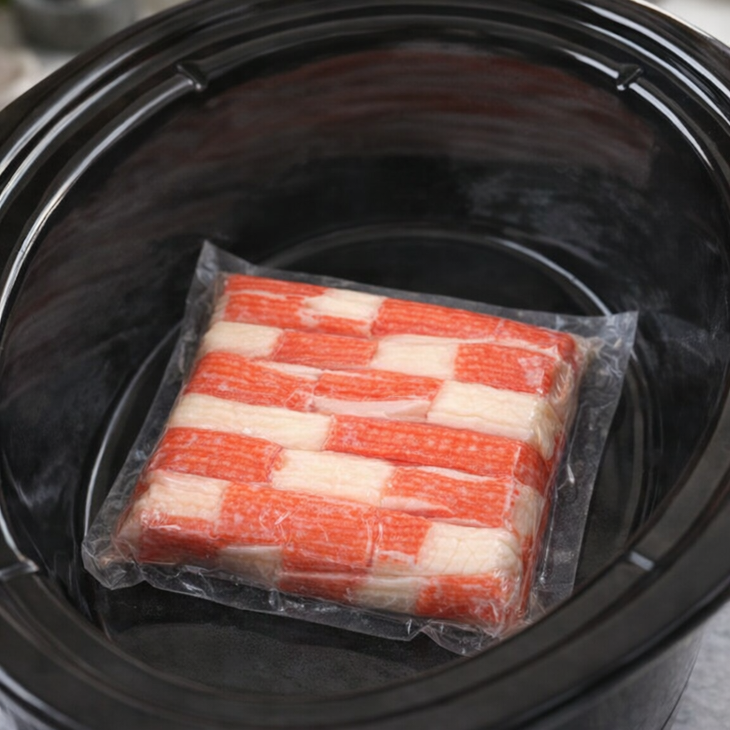 Imitation crab block placed in a slow cooker insert