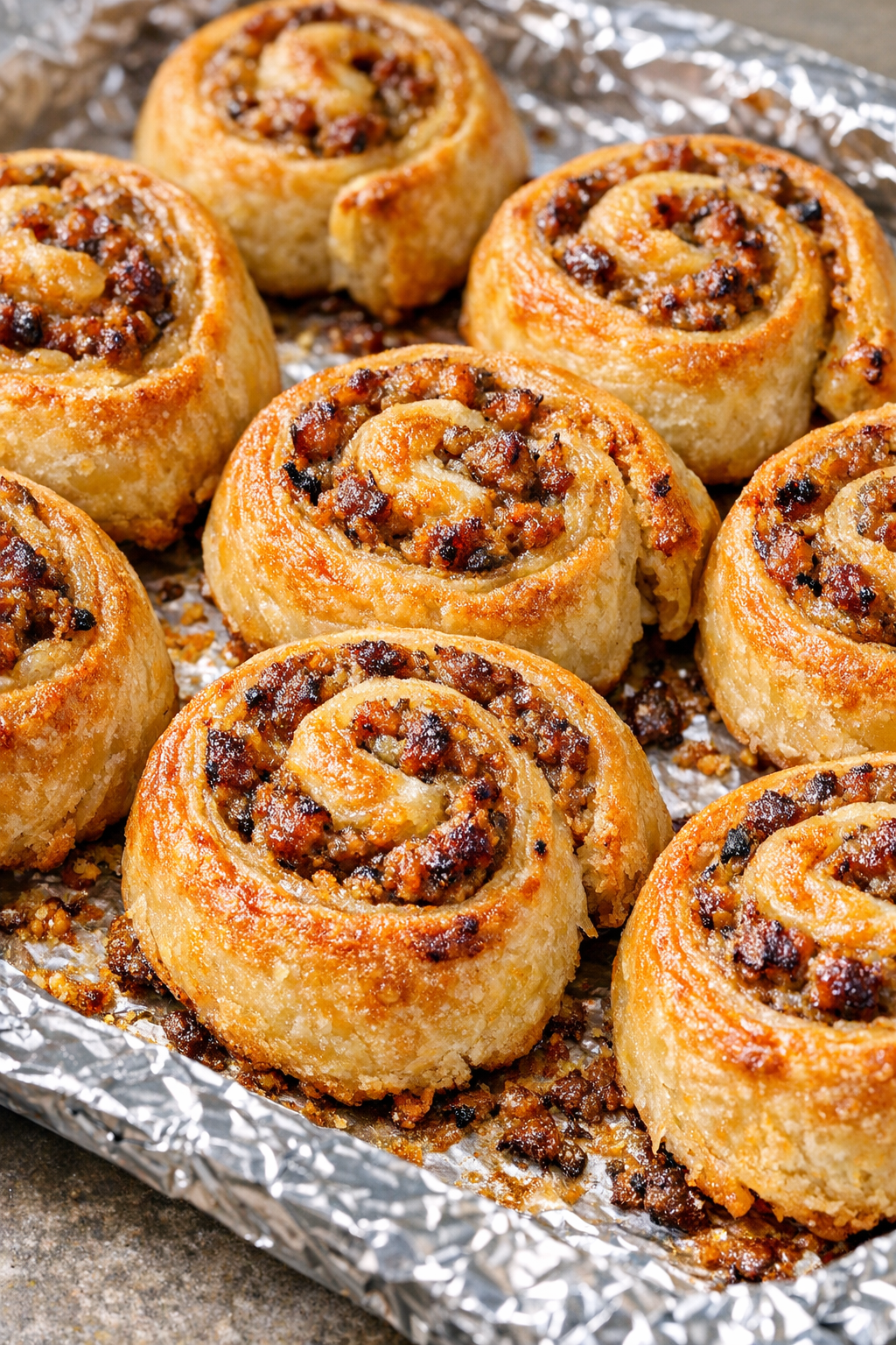 Southern 3-ingredient spicy sausage pinwheels on a foil-lined baking tray