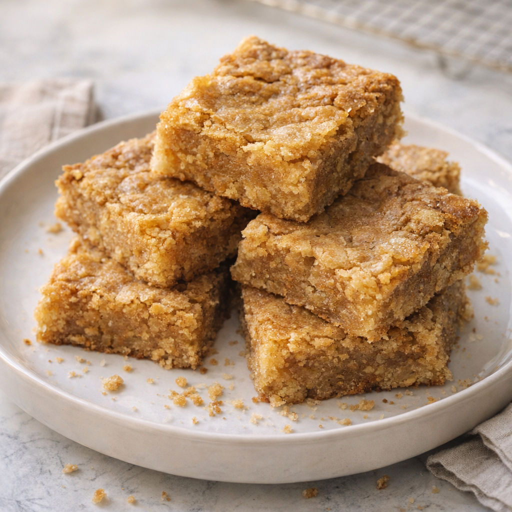 Plate of crispy butterscotch bars on a kitchen table