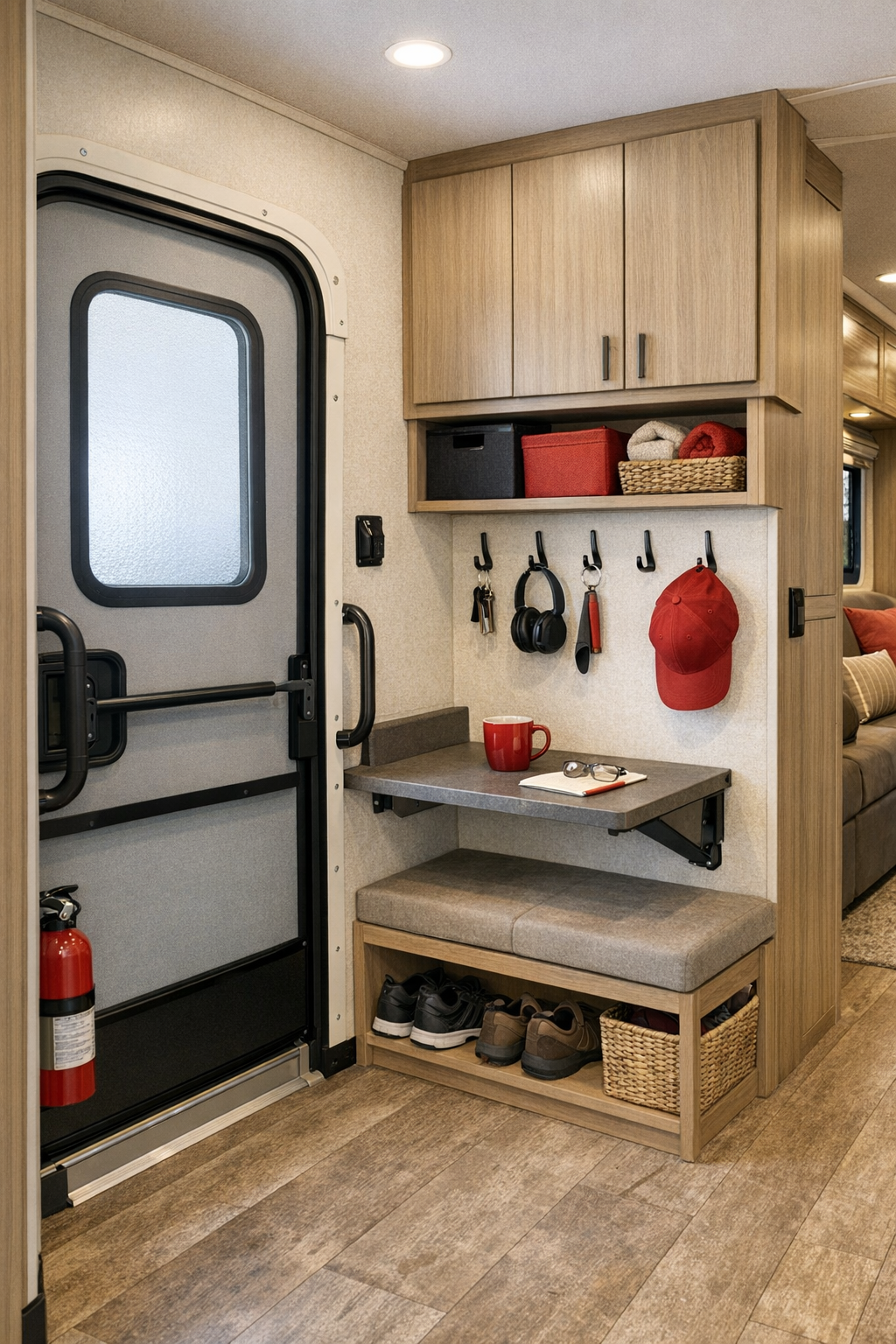 RV camper entry and multipurpose storage area with continuous flooring and built-in organization