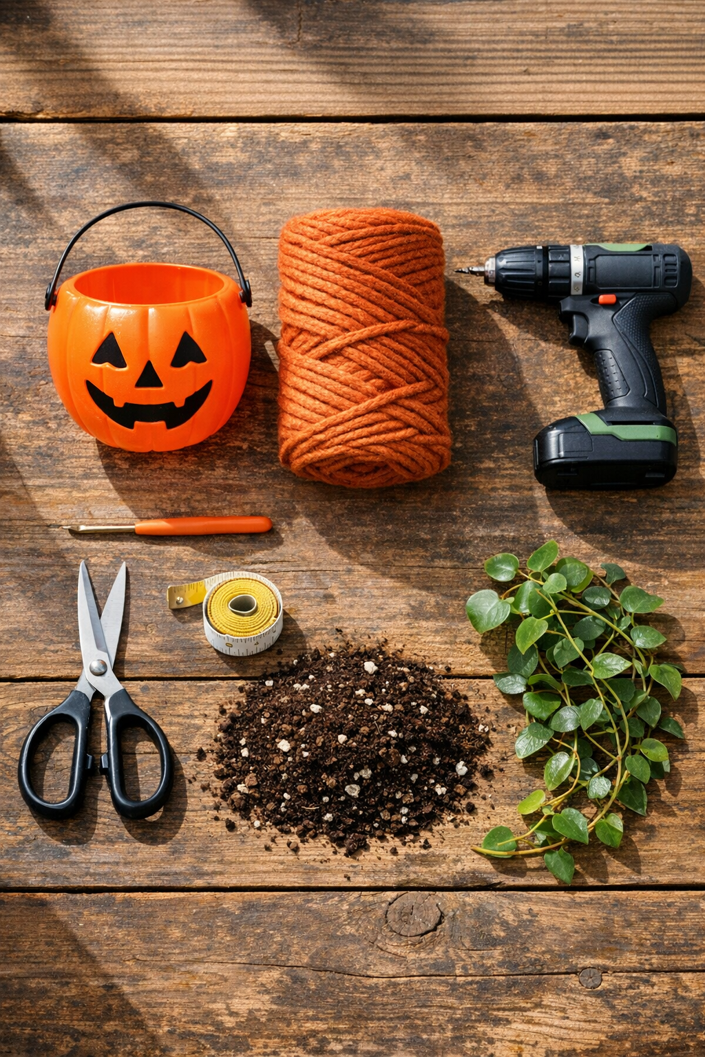 Materials for a crocheted hanging planter made from a plastic candy bucket
