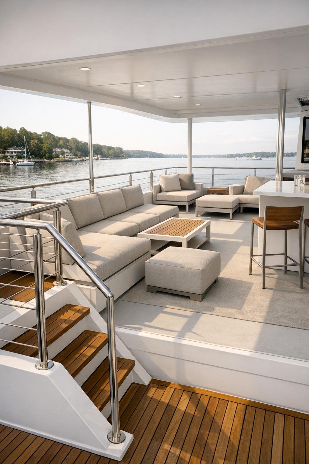 Upper deck lounge area on a modern houseboat with built-in seating