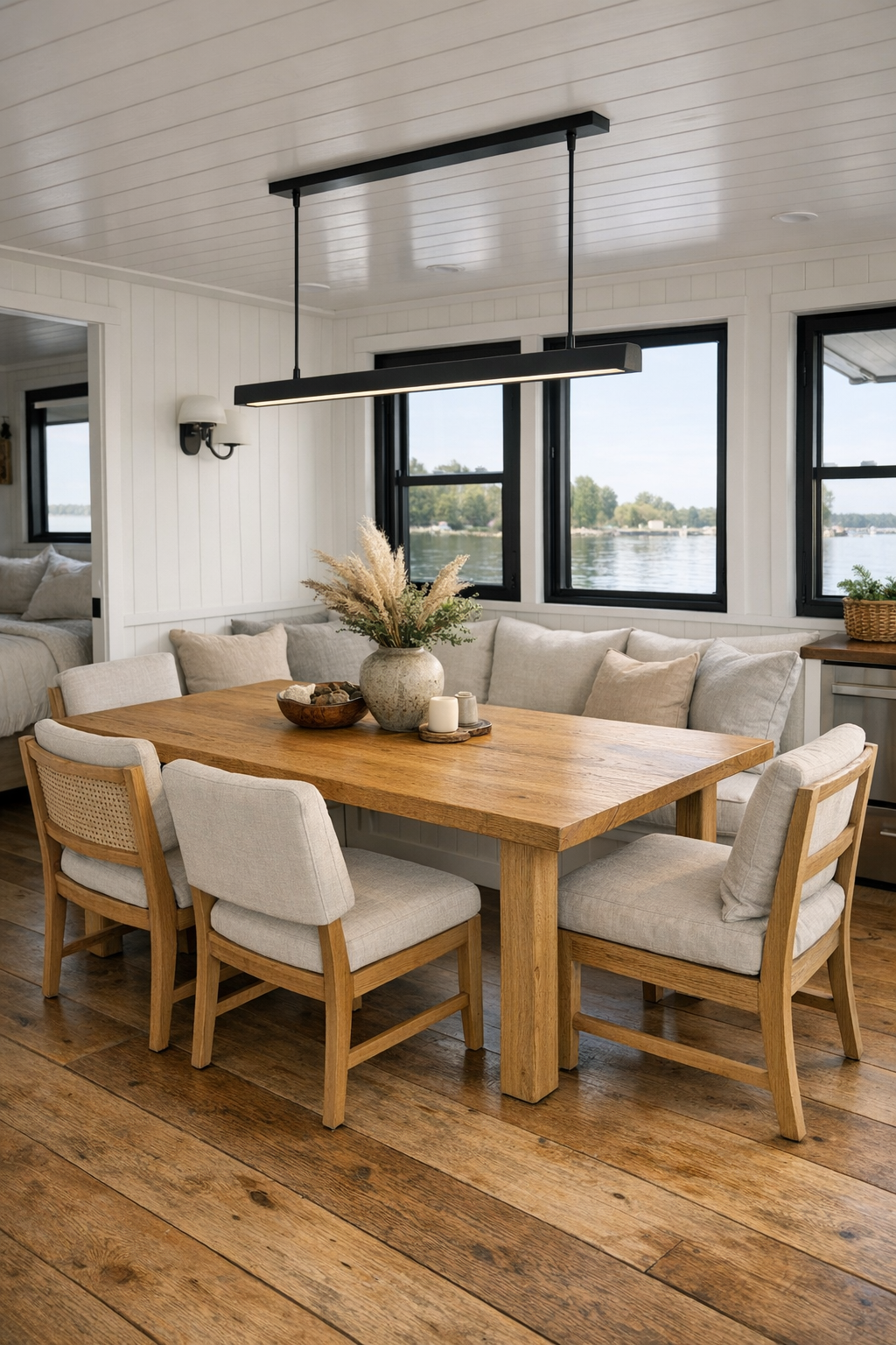 Open farmhouse dining area with oak table, banquette seating, and water views