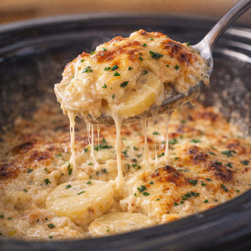 Spoonful of creamy layered potatoes ready to serve