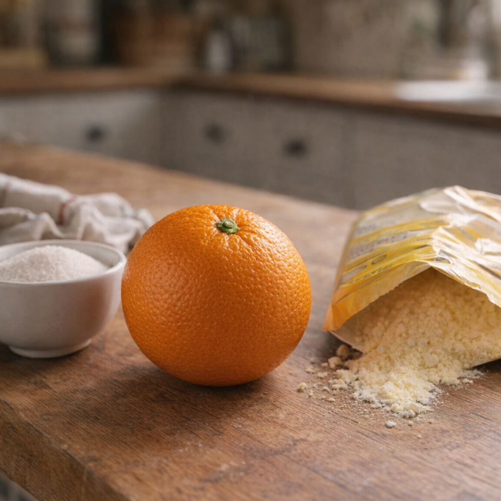 Scrubbed orange beside sugar and cake mix