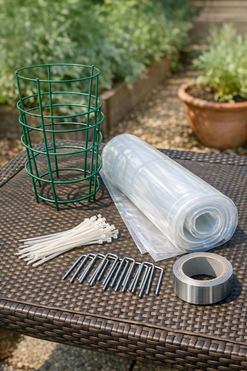 Materials for a mini greenhouse frame made from wire tomato cages and clear plastic sheeting