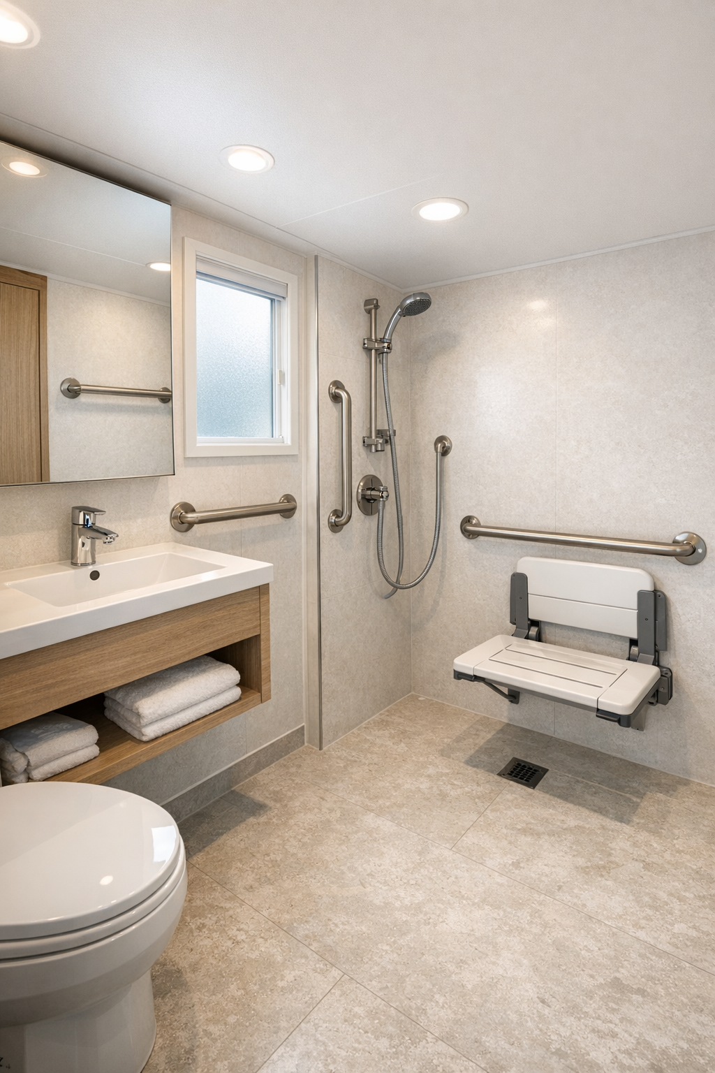Accessible RV bathroom with wet-room shower and pale stone floor