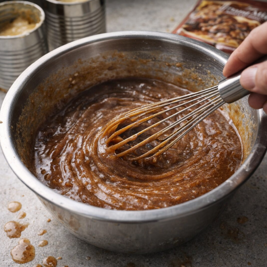 Brown gravy mixture being whisked in a bowl