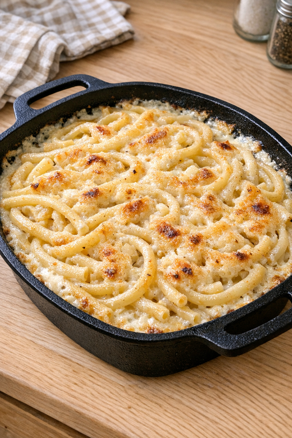 Finished baked Amish-style macaroni in cast iron pan