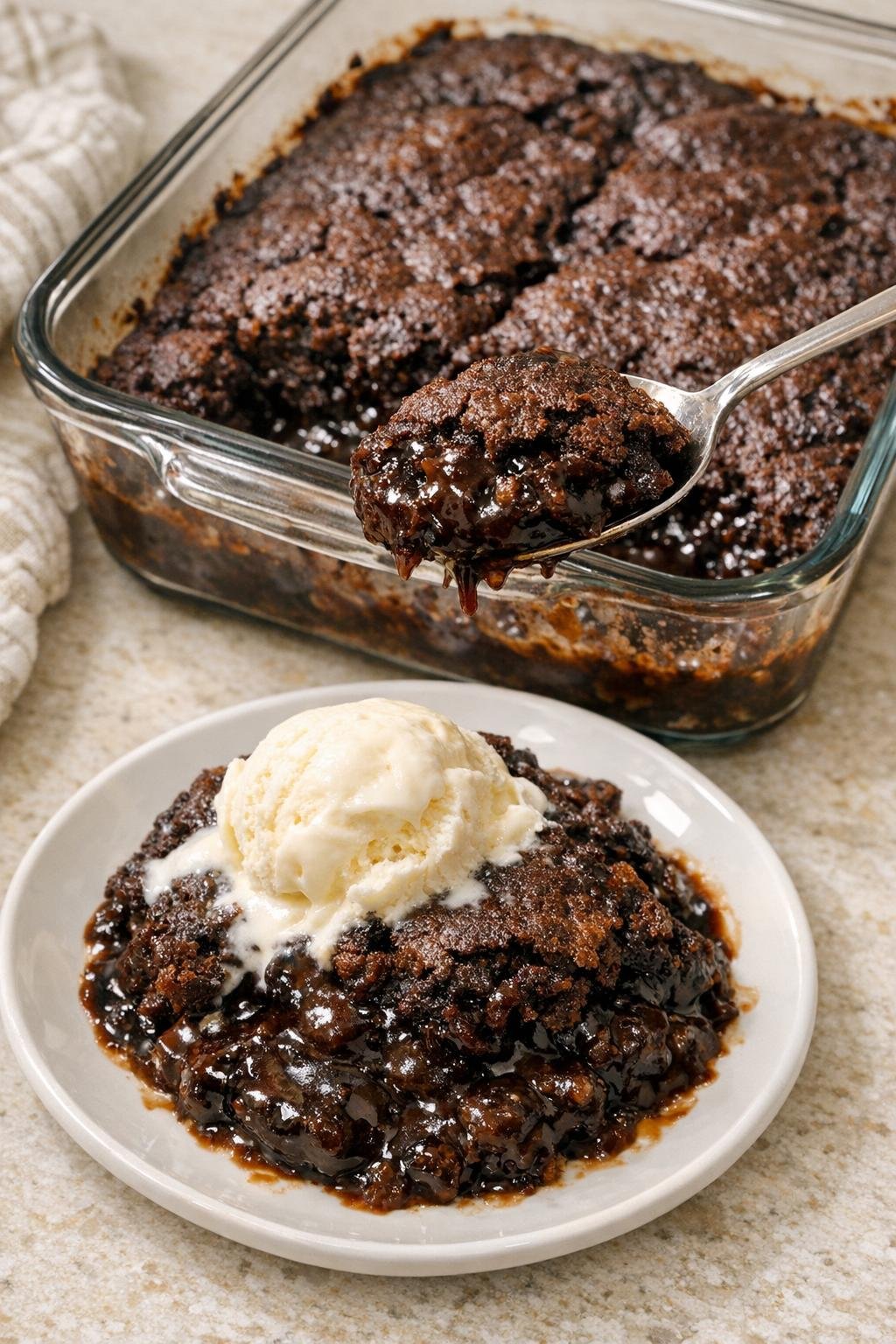 Finished chocolate pudding dump dessert in a glass baking dish