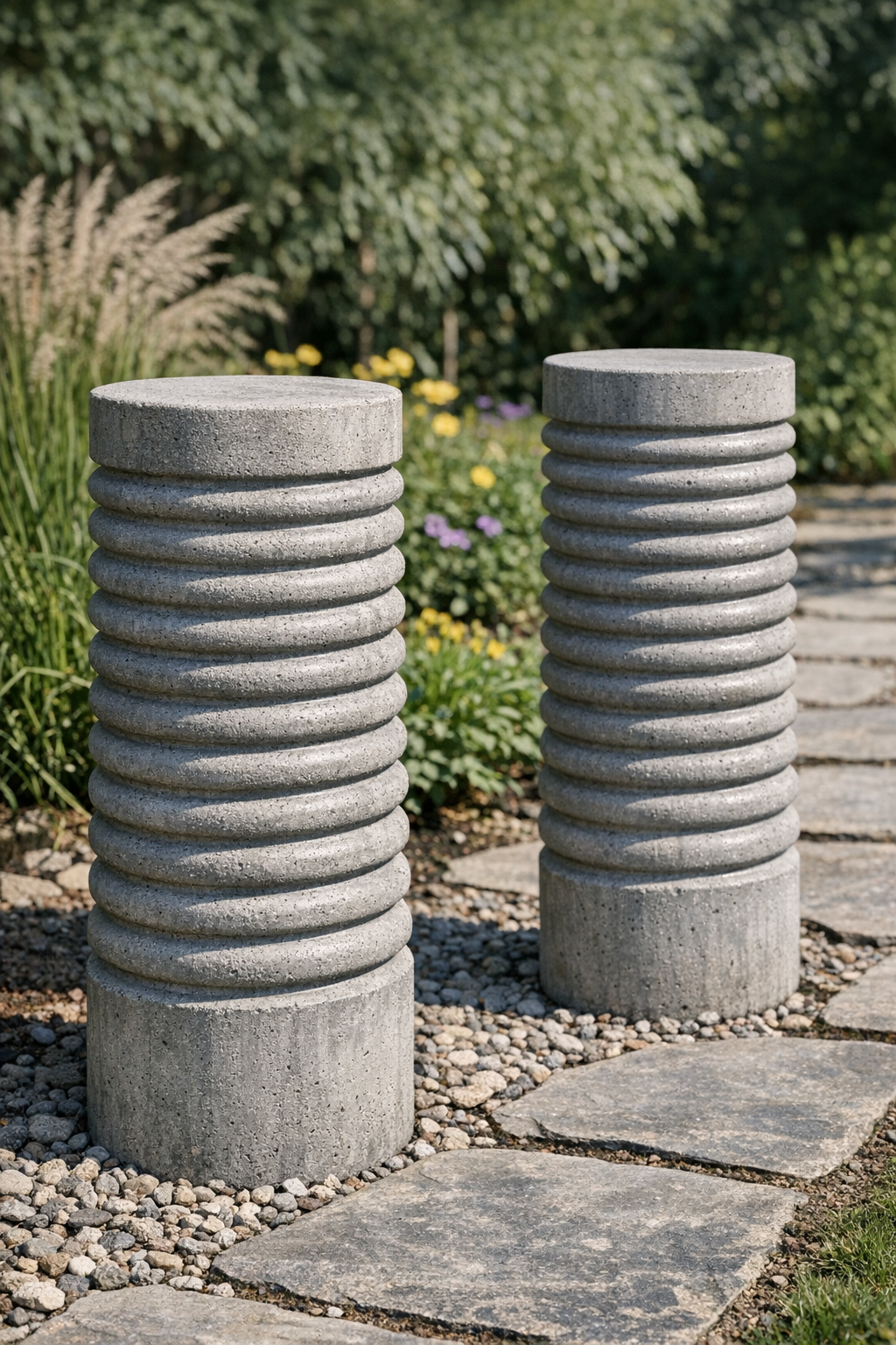 Two finished ribbed cement yard pillars displayed outdoors