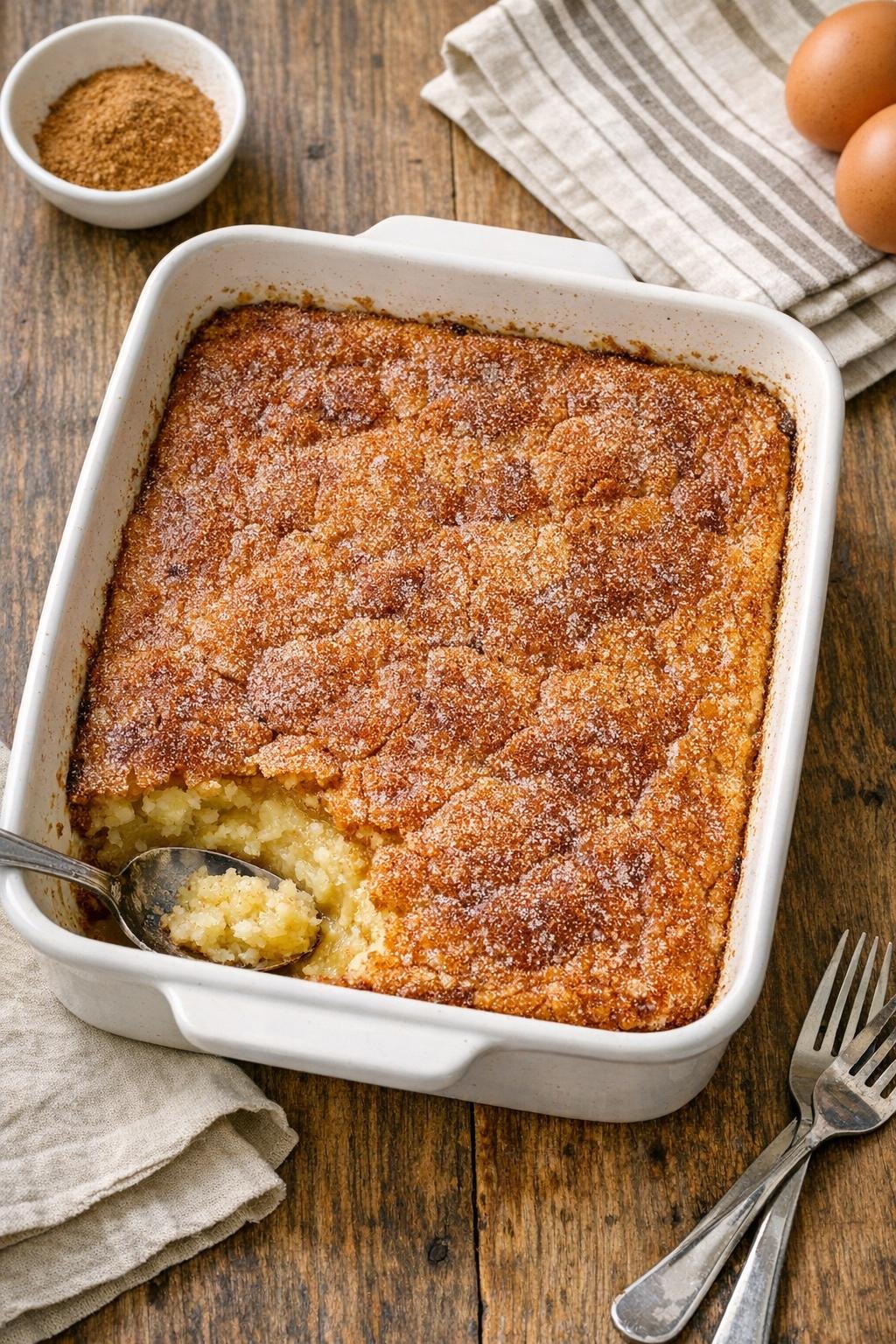 Finished baked potato flake dessert in a ceramic roasting pan