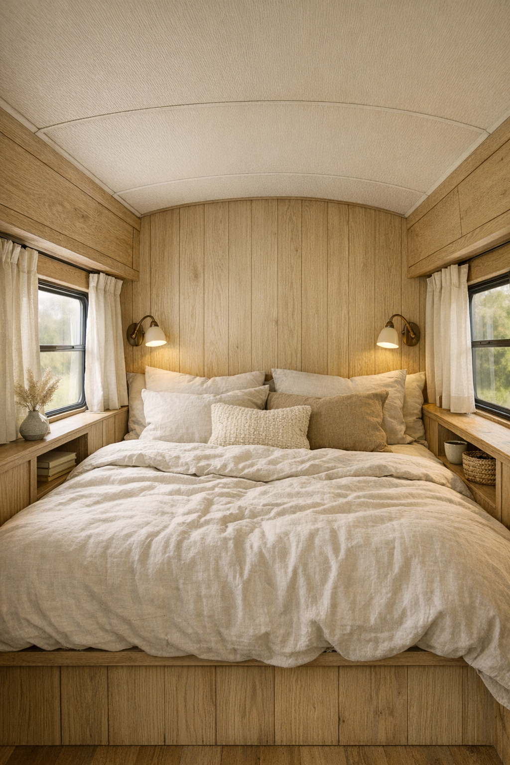 Cozy rear bedroom in a converted bus with light oak paneling