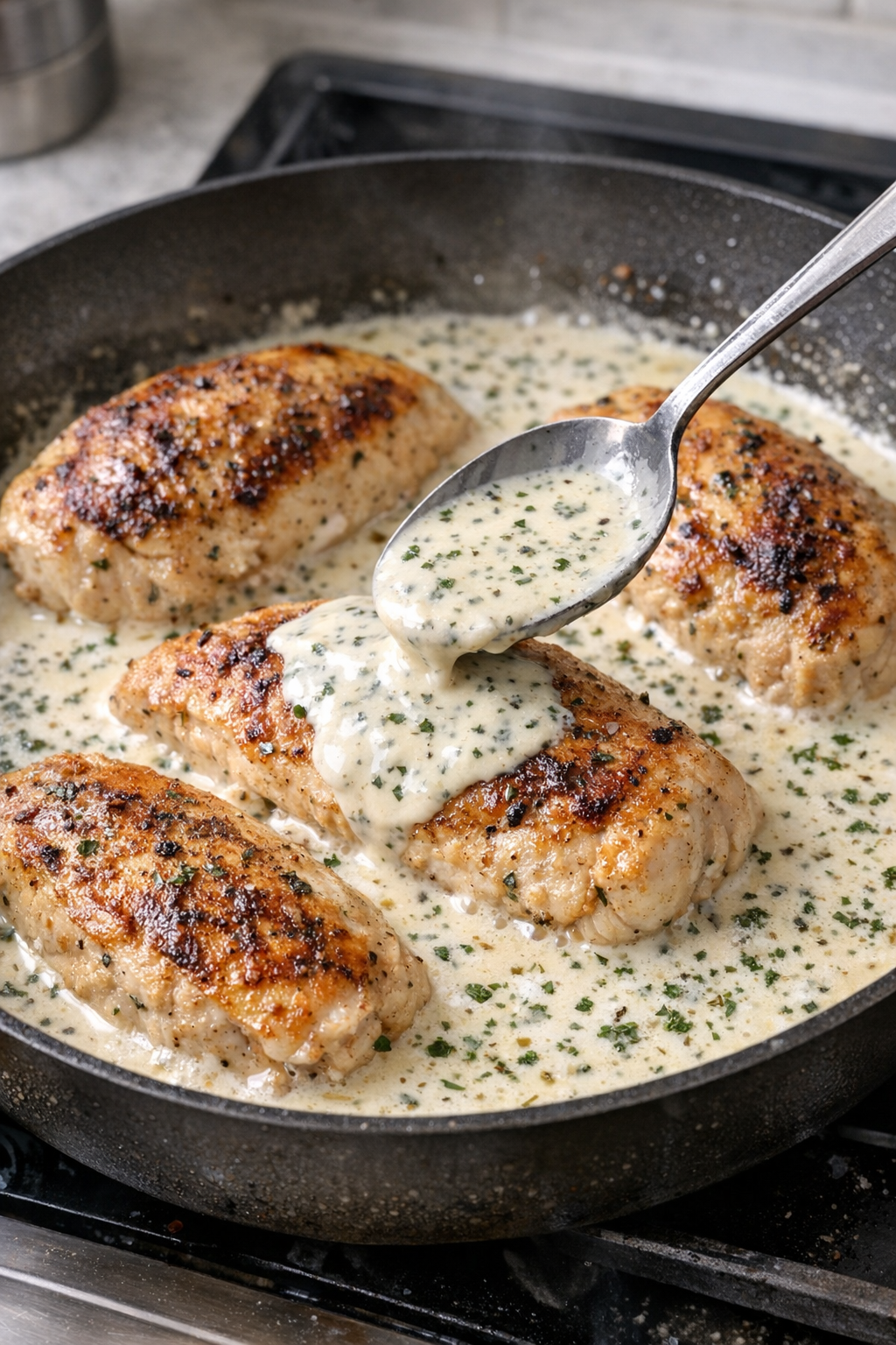 Cream and herbs added to chicken in skillet