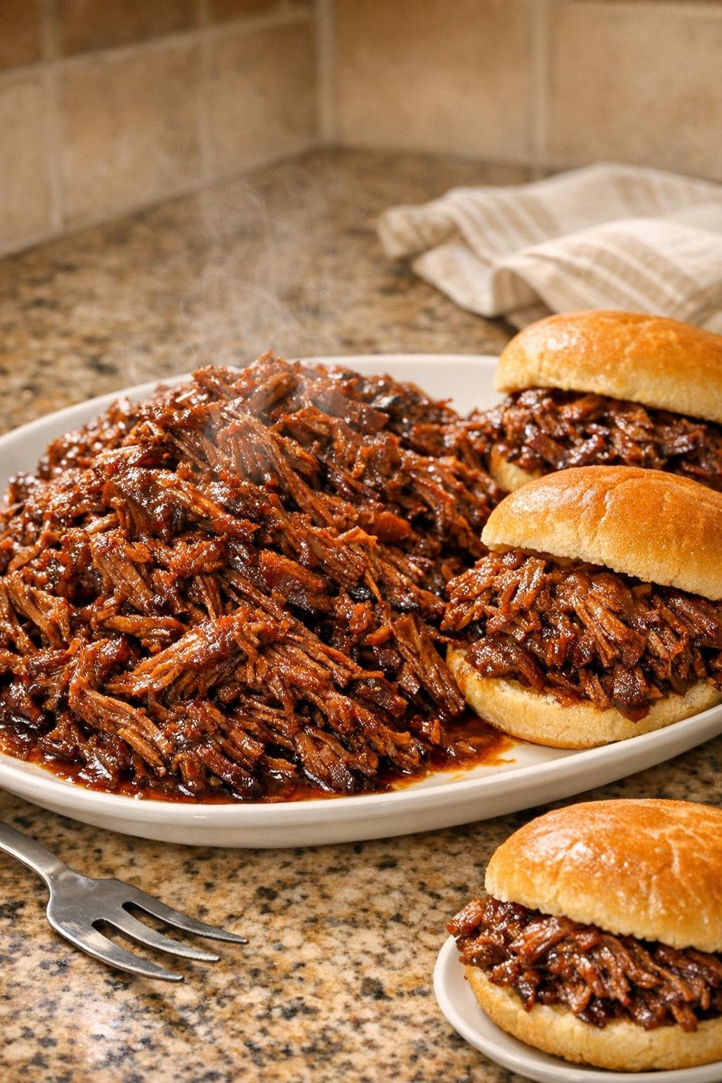 Finished plated slow cooker shredded beef with glossy sauce