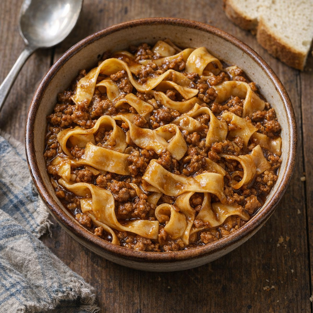 Old-fashioned bowl of pork noodles on a farmhouse table