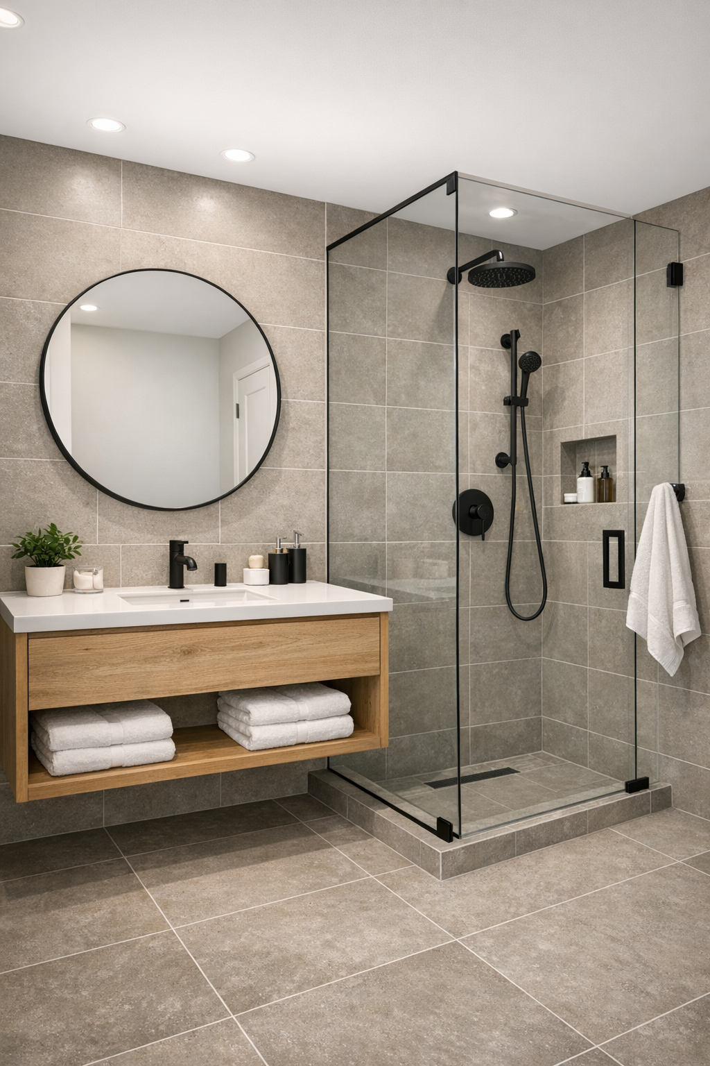 Serene modern bathroom with floating wood vanity and glass shower