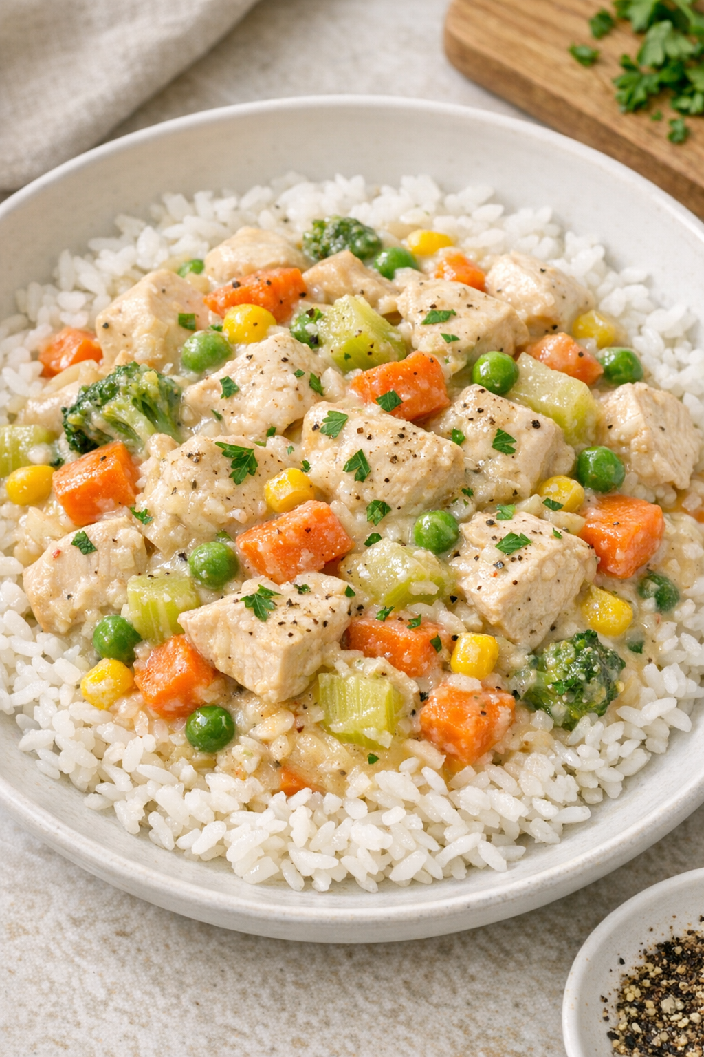 Creamy slow cooker chicken supper plated and ready to serve