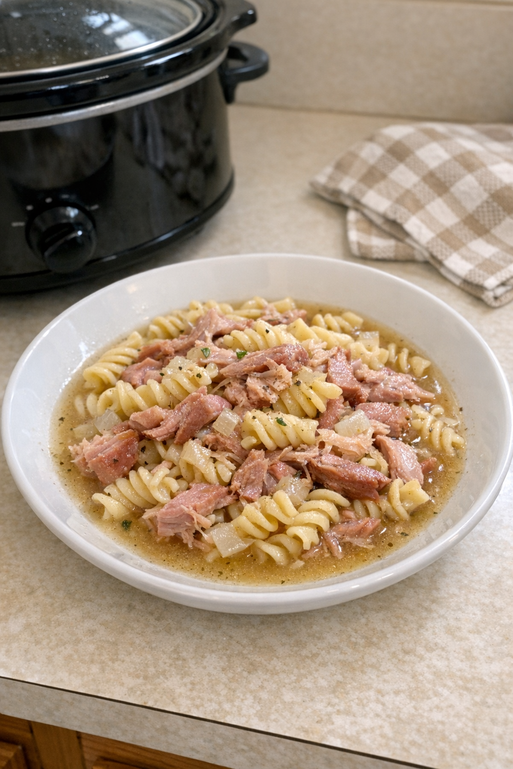 Finished ham pasta plated in a shallow bowl