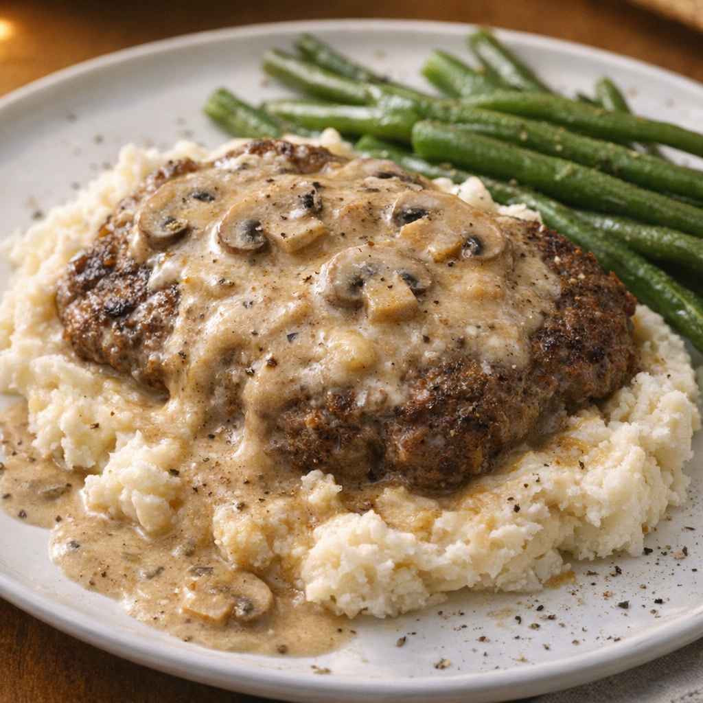 Served cube steak over mashed potatoes with gravy