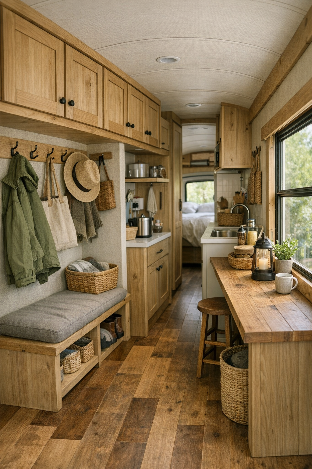 Thoughtful bus hallway and utility area with built-in storage, hooks, and soft wood finishes