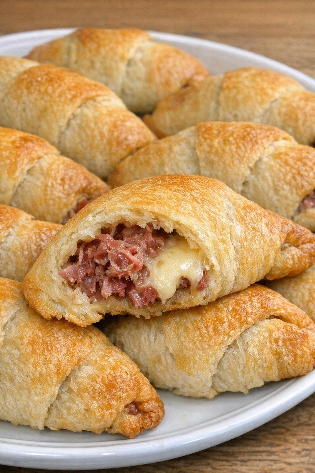 Golden brown crescent dough pockets filled with corned beef and melted limburger cheese on a white platter