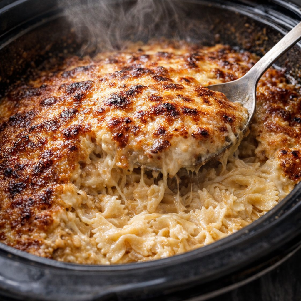 Golden brown farfalle crust in the slow cooker