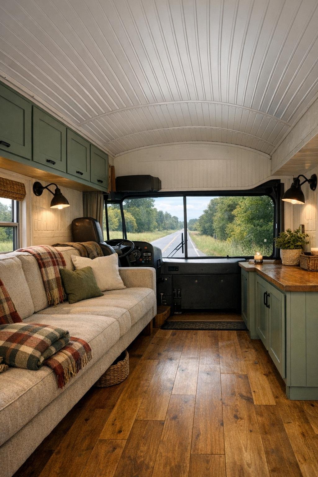 Cozy bus living room with built-in bench seating and warm wood finishes