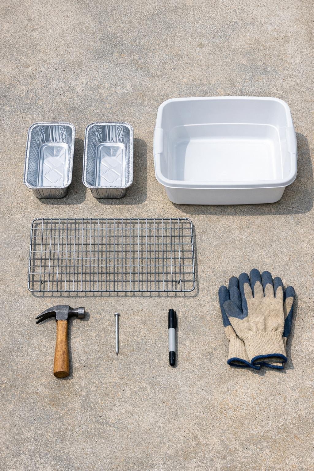 Dollar store materials laid out for a DIY soil amendment sifter