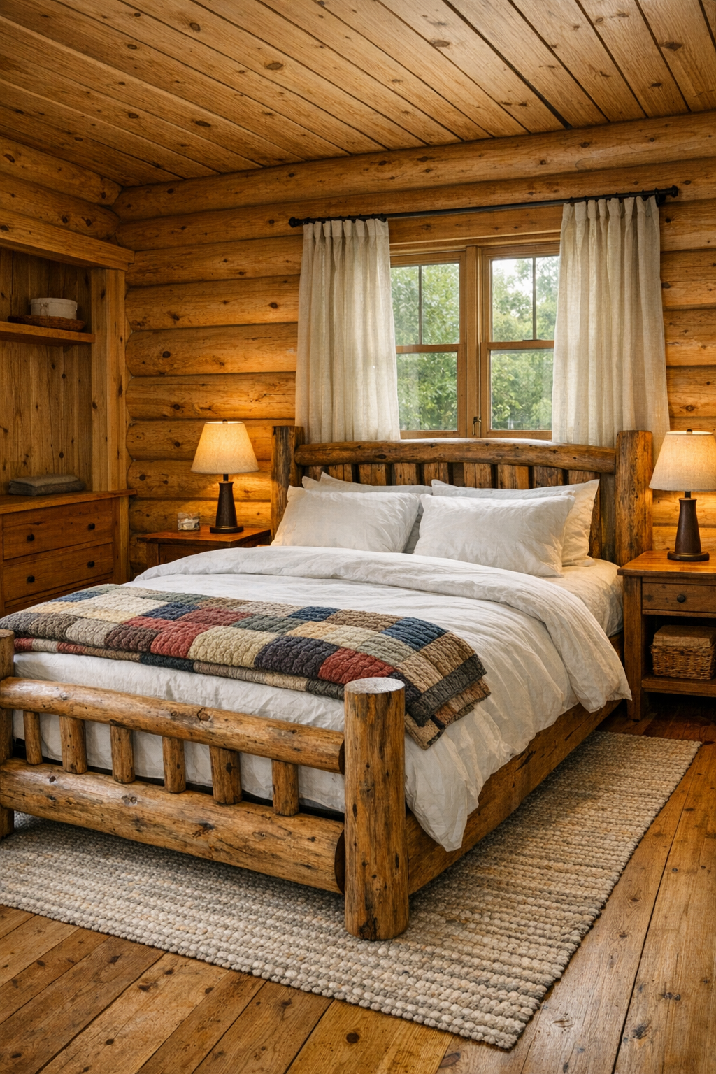 Peaceful log home bedroom with handmade wood bed, quilted bedding, and soft natural light