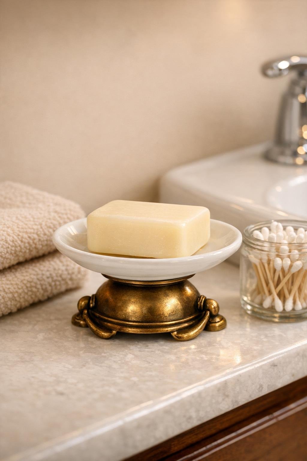 Finished DIY bathroom soap dish made from a saucer and brass drawer pull
