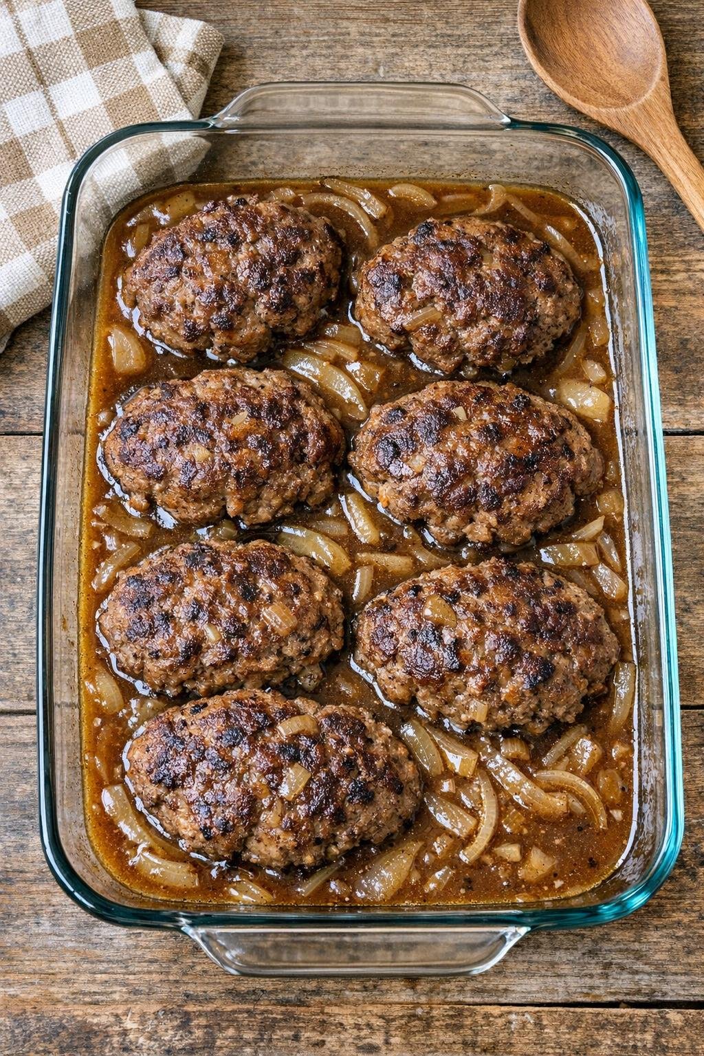 Finished Salisbury steak bake in gravy