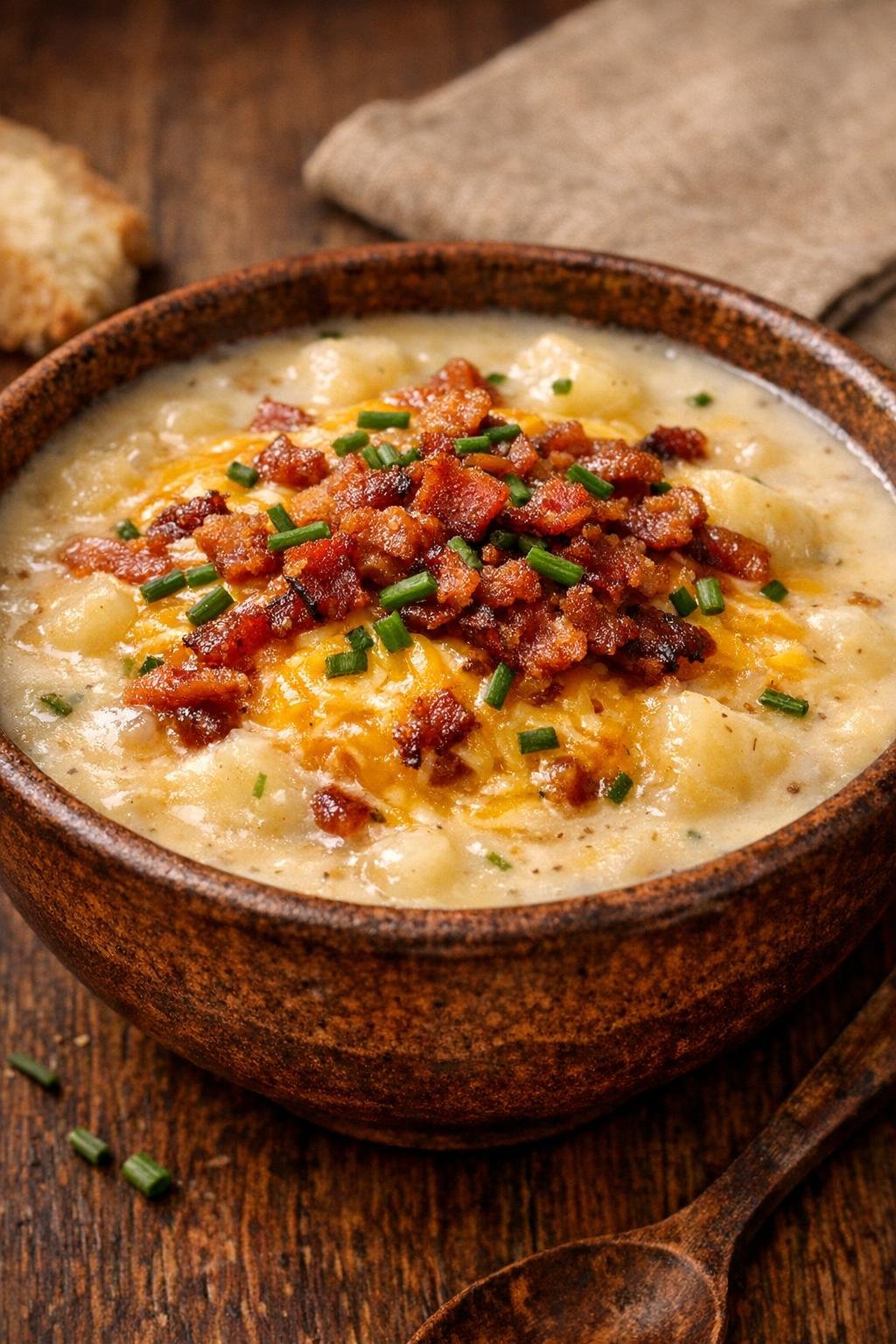 Aardappelsoep met diverse toppings, gegarneerd met gesmolten cheddar kaas.