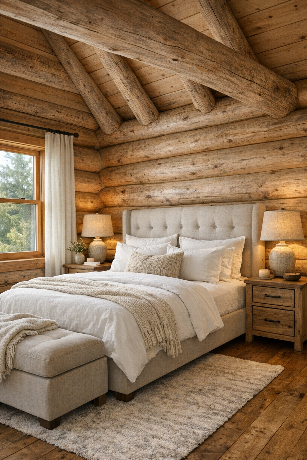 Bedroom with cedar walls, upholstered bed, layered white bedding, and soft neutral colors